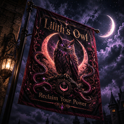 Liliths Owl house flag mockup hanging outdoors as gothic pagan decor