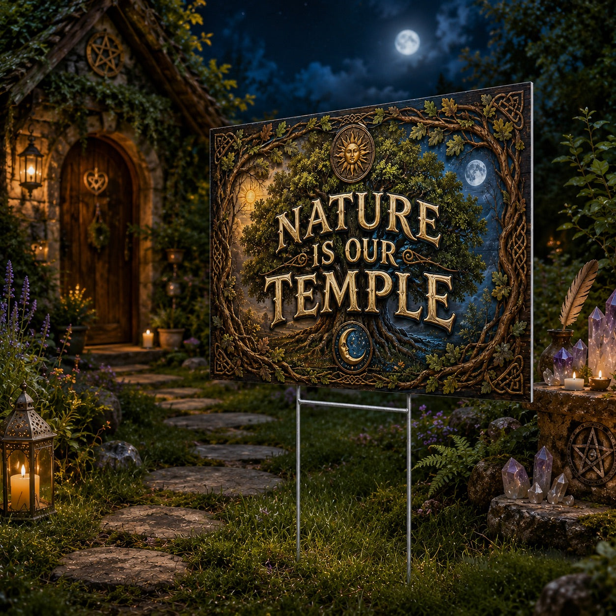 Nature Is Our Temple Stone Arch Wicca Yard Sign - close up detail