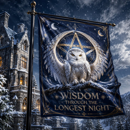 Winter Owl Watch house flag with snowy owl design, Wisdom Through Longest Night pagan winter decor