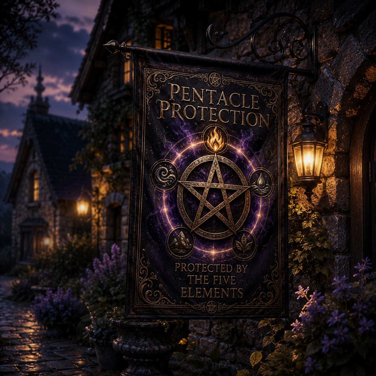 Close-up of Pentacle Protection house flag showing five elements artwork