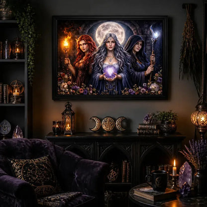 Wicca Triple Moon Goddess Canvas Wall Art - Black Framed Print for Pagan Altar Decor_mockup_1.webp