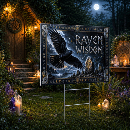 Raven Wisdom Black Raven Moon Wicca Yard Sign - close up detail