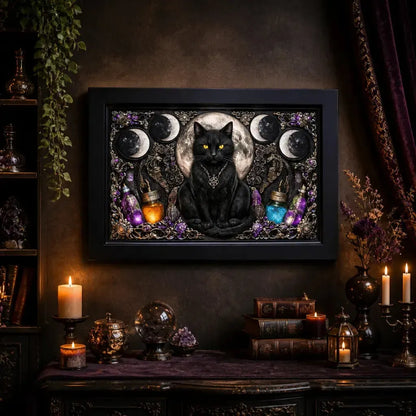 Wiccan Black Cat Canvas Print with Moon Phase - Black Framed Wall Art for Witchy & Gothic Decor_mockup_2.webp