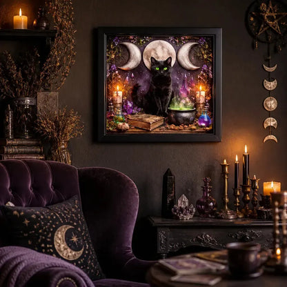 Wicca Triple Moon & Black Cat Canvas Wall Art - Pagan Black Framed Art Print Occult Wall Decor_mockup_1.webp