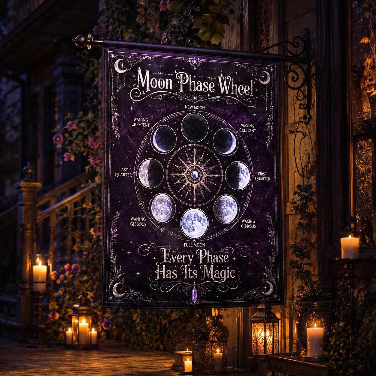 Close-up of Lunar Phase Wheel Chart house flag showing labeled moon phases