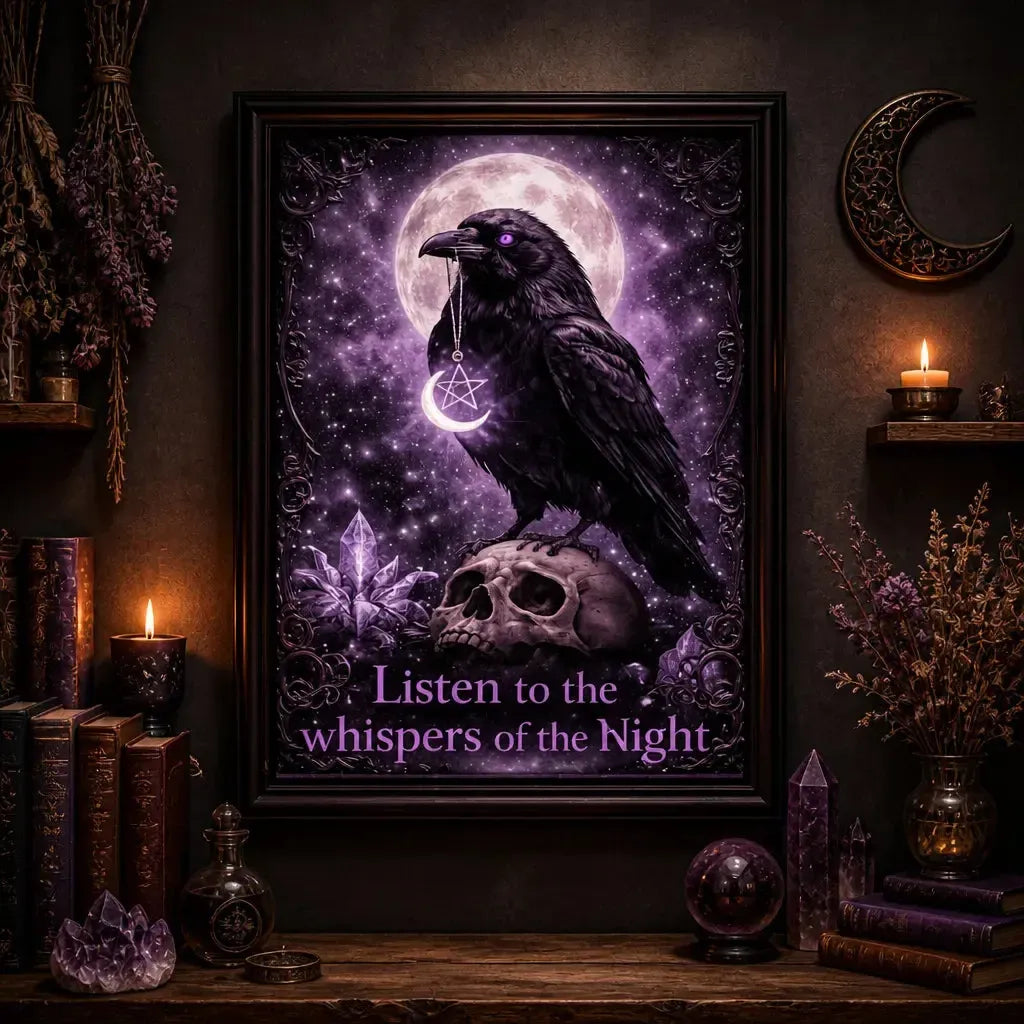 Witchy Raven Black Framed Art Print - Dark Crow Skull Canvas Wall Art Halloween Decor_mockup_2.webp
