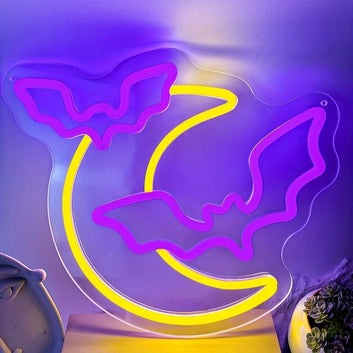 Witchy Moon and Bat Neon Signs Gothic Bat LED Neon Light Witch Wall Decor Halloween Decorations