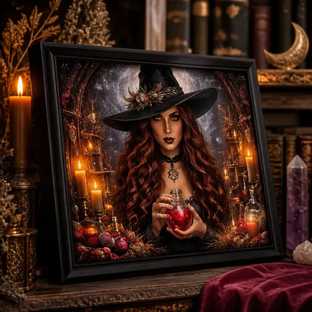 Mystical Gothic Witch Canvas Wall Art - Black Framed Print for Halloween_mockup_3.webp