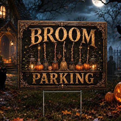 Witch Broom Parking Spooky Halloween Yard Sign - front view