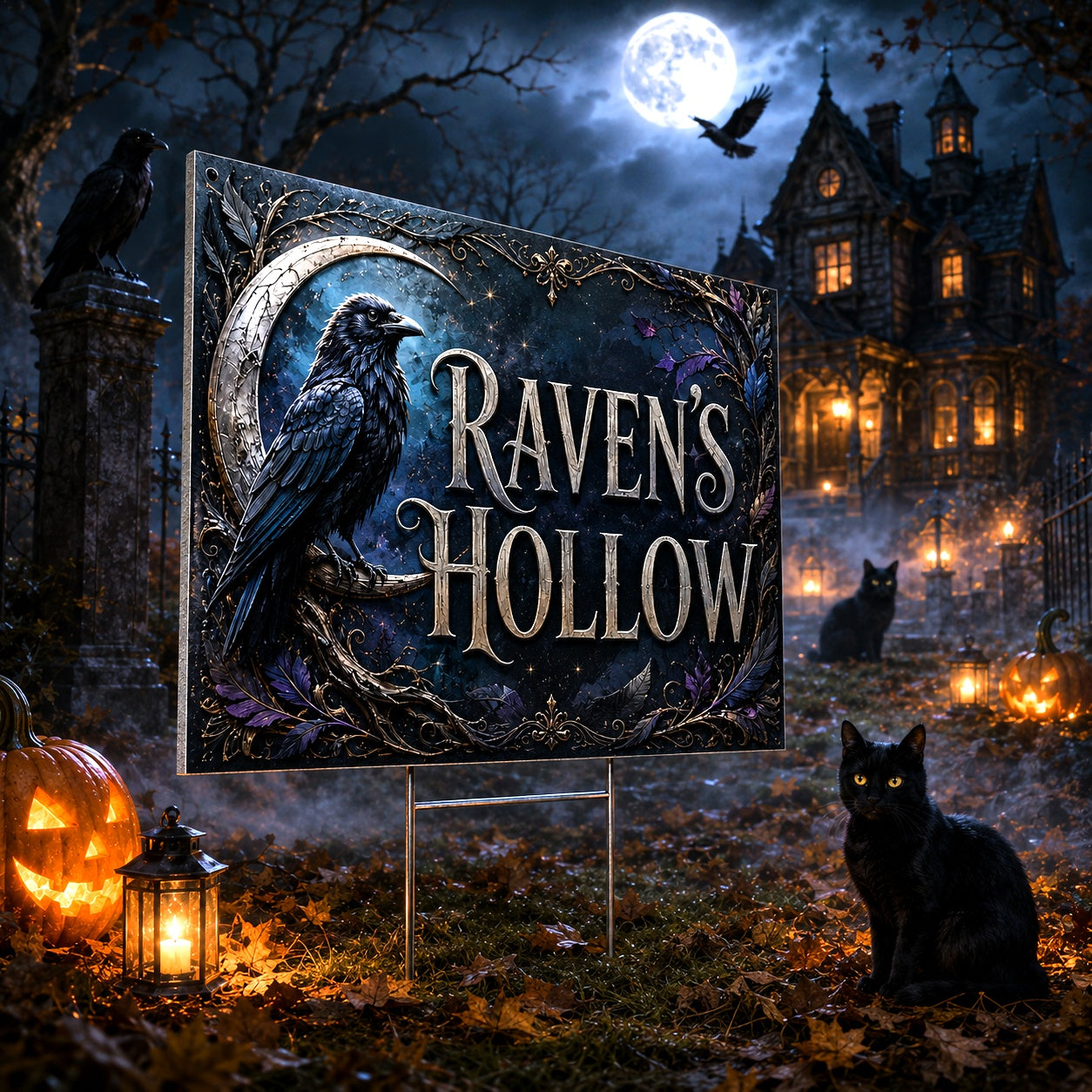Moon Raven Hollow Gothic Witch Halloween Yard Sign - close up detail