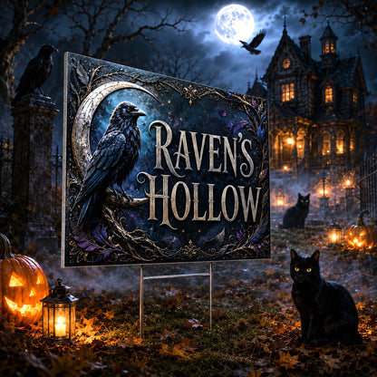 Moon Raven Hollow Gothic Witch Halloween Yard Sign - close up detail