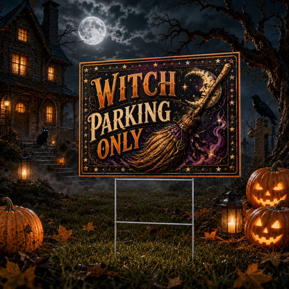 Witch Parking at Haunted Halloween Night Yard Sign - close up detail