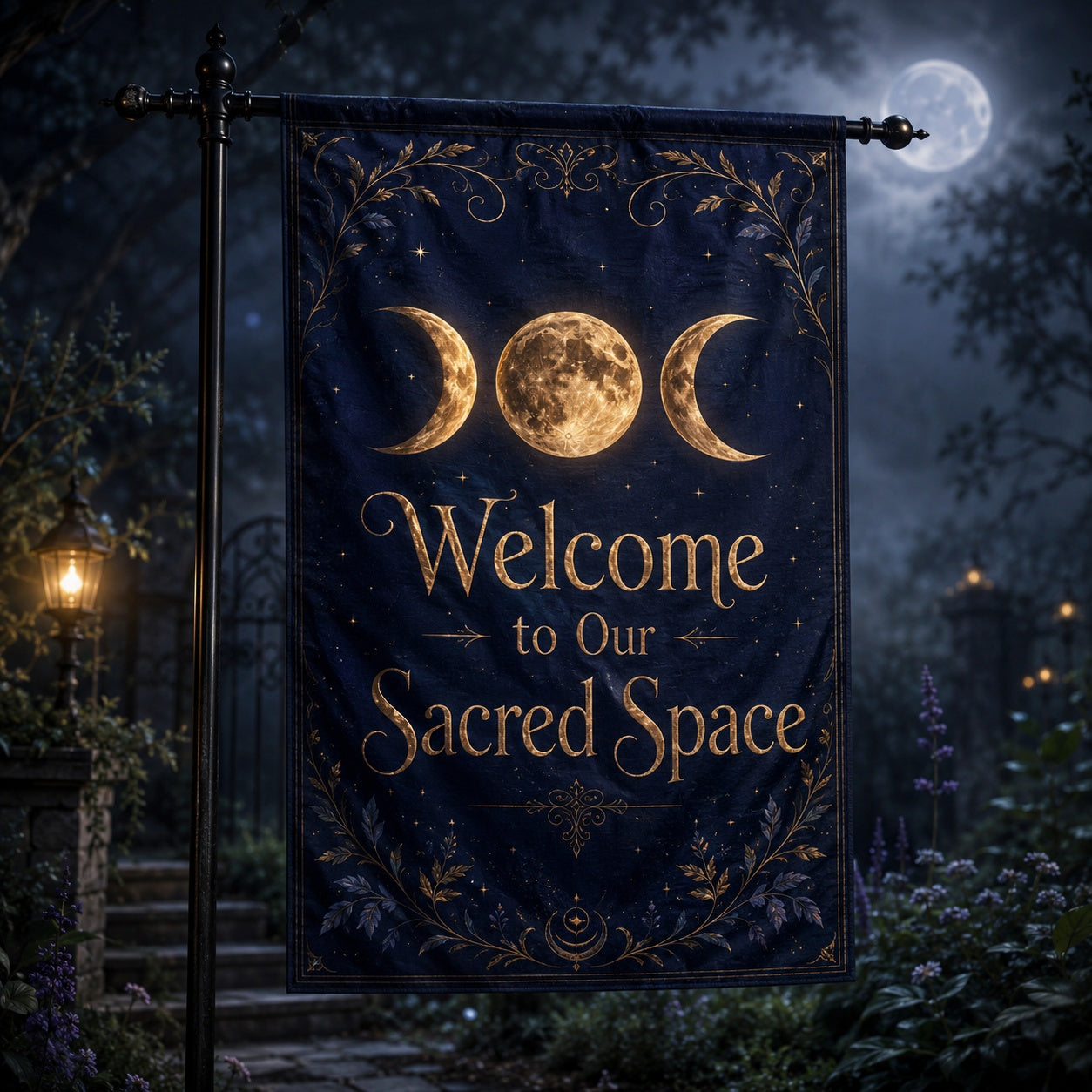 Triple Moon Welcome house flag with Wicca sacred space witchy design