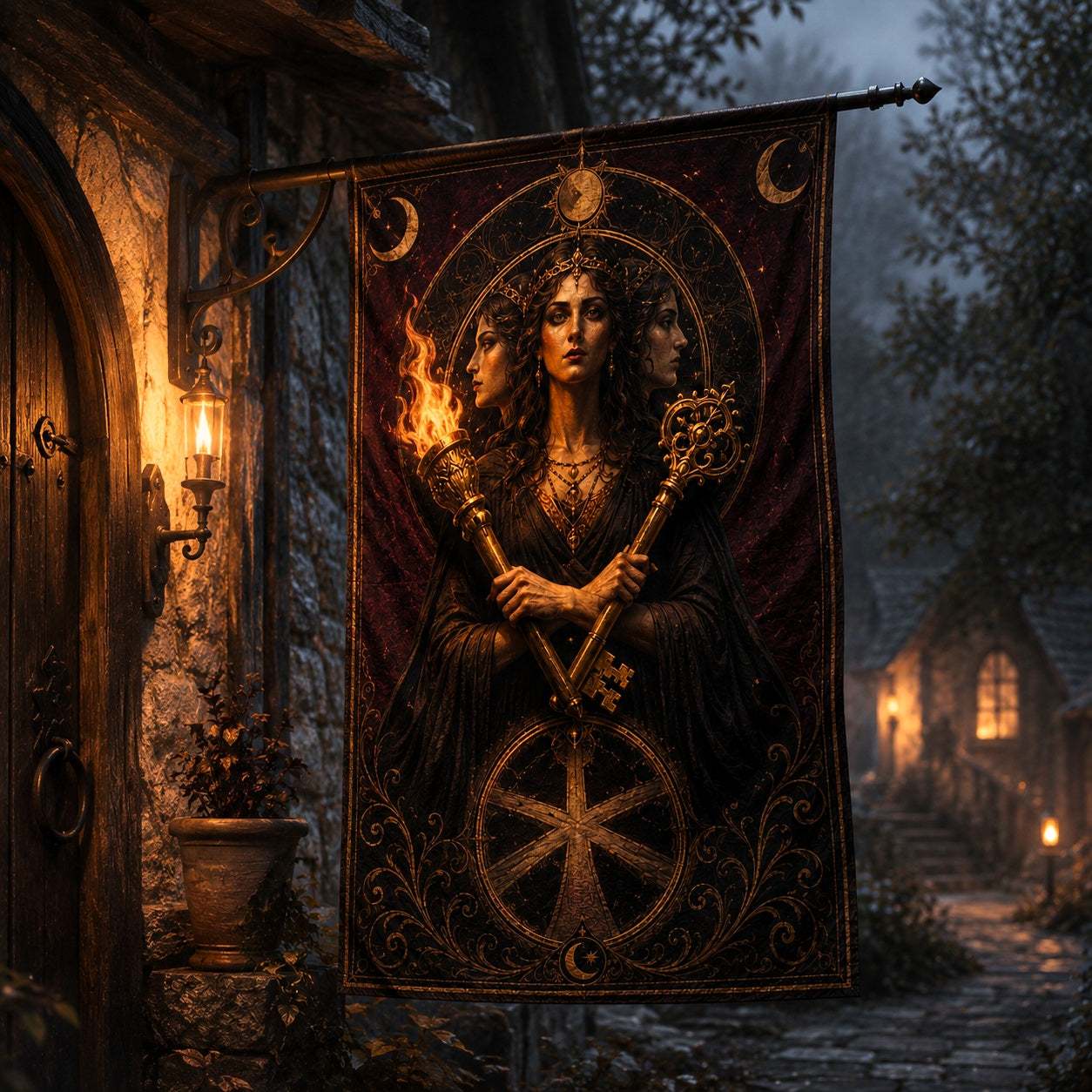 Close-up of Hecate Goddess house flag showing torch and key artwork