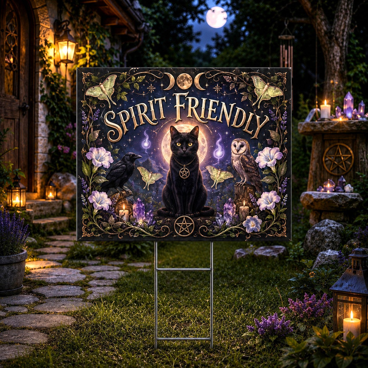 Spirit Black Cat Raven Owl Familiars Yard Sign - porch scene