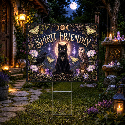 Spirit Black Cat Raven Owl Familiars Yard Sign - porch scene