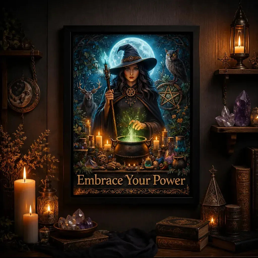 Mystical Moon Witch Canvas Wall Art - Wiccan Black Framed Print for Halloween_mockup_2.webp