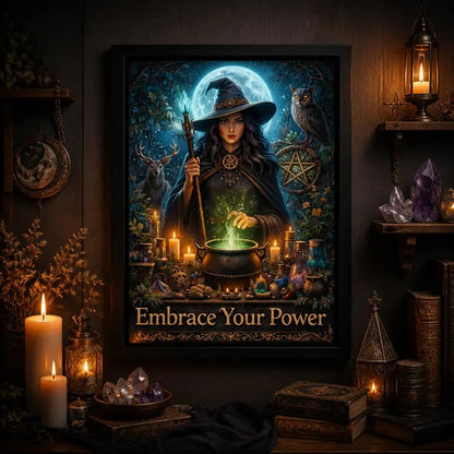 Mystical Moon Witch Canvas Wall Art - Wiccan Black Framed Print for Halloween_mockup_2.webp