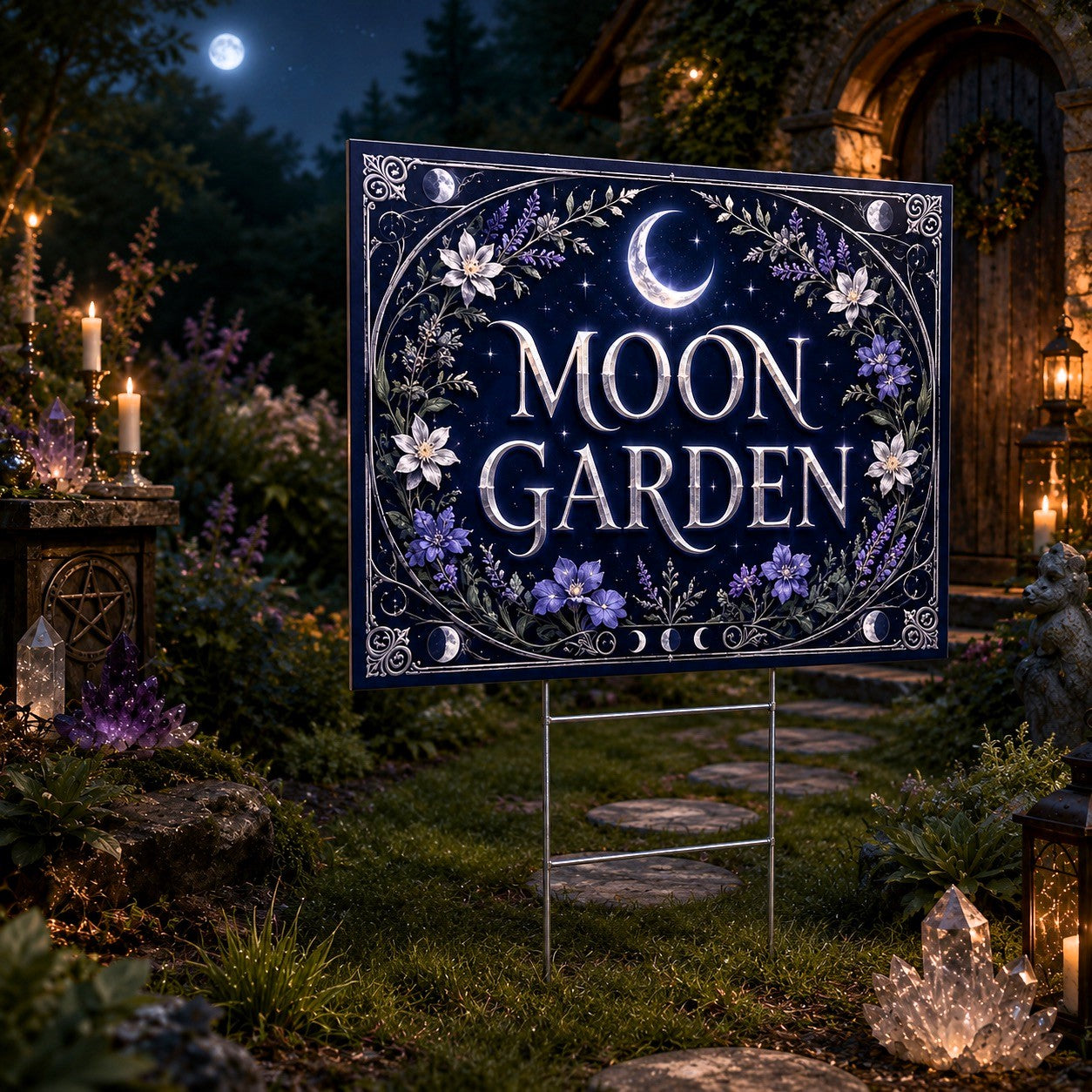 Moon Garden Crescent Moon Flowers Wicca Yard Sign - close up detail