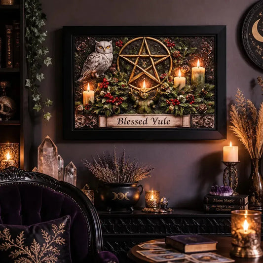 Pagan Pentacle & Owl Canvas Wall Art for Yule - Black Framed Art Print Wiccan Wall Decor_mockup_1.webp