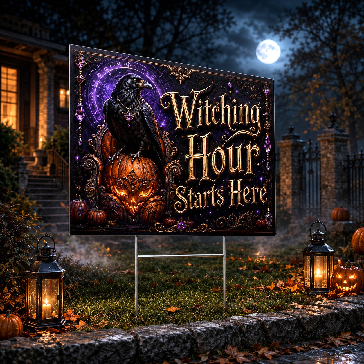 Gothic Raven Pumpkin Witchy Halloween Yard Sign - close up detail