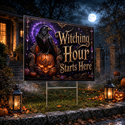 Gothic Raven Pumpkin Witchy Halloween Yard Sign - close up detail
