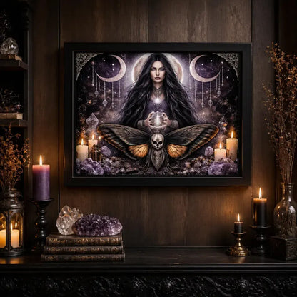 Halloween Black Framed Art Print Canvas for Witch Home Decor - Death Moth Gothic Decor with Triple Moon_mockup_2.webp
