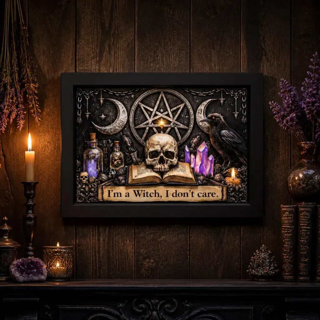 Witchcraft Triple Moon & Gothic Skull Raven Black Framed Art Print - Halloween Canvas Wall Art for Witchy Decor_mockup_2.webp