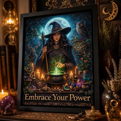 Mystical Moon Witch Canvas Wall Art - Wiccan Black Framed Print for Halloween_mockup_3.webp