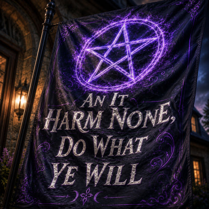 Wiccan Rede pentacle house flag displayed outdoors on a garden flag stand