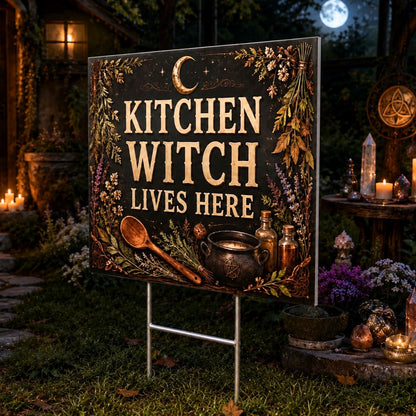 Kitchen Witch Lives Here Cauldron Moon Wicca Yard Sign - close up detail