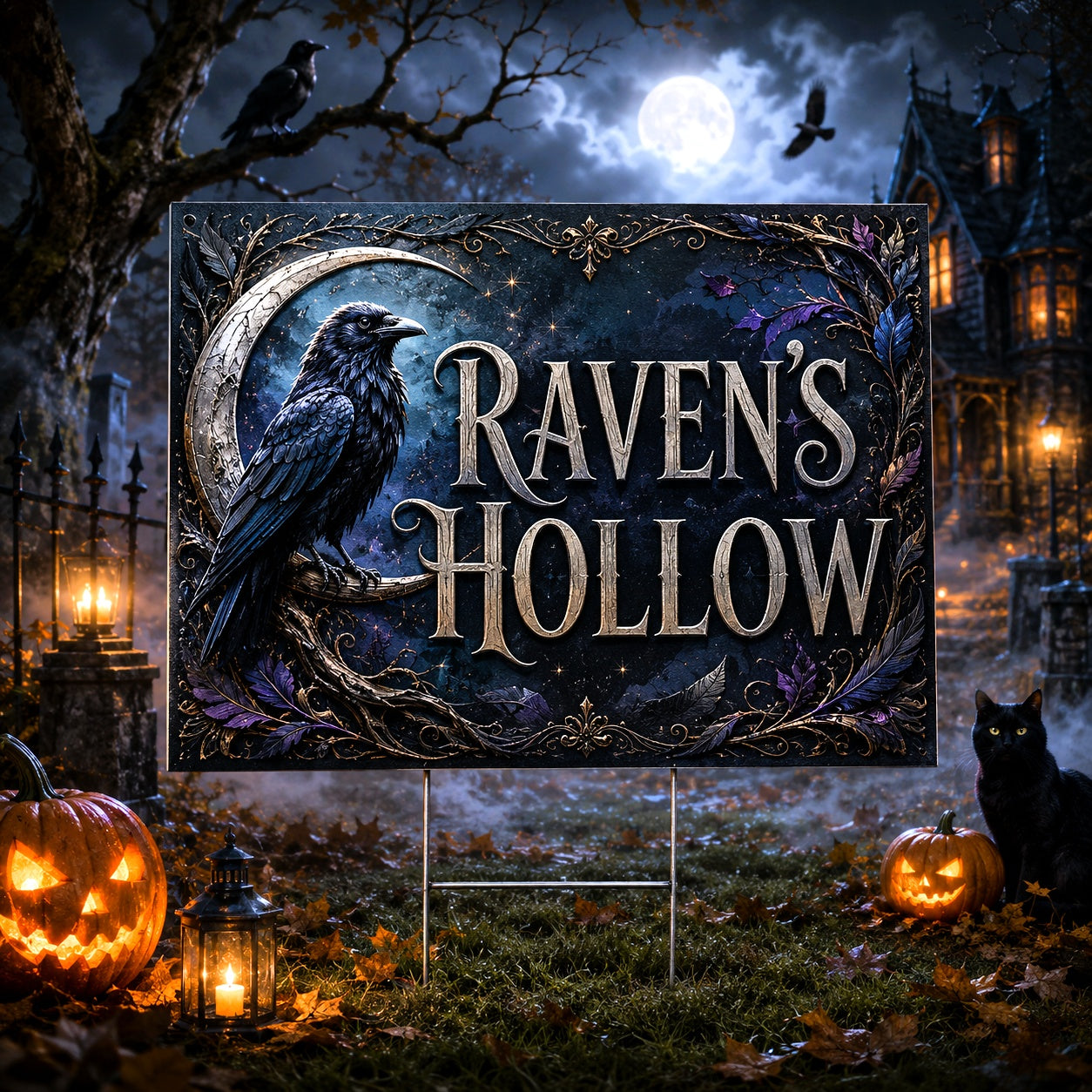 Moon Raven Hollow Gothic Witch Halloween Yard Sign - front view
