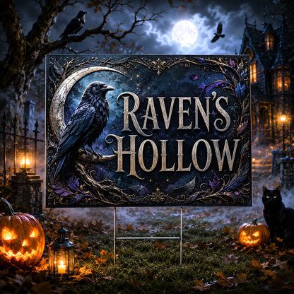 Moon Raven Hollow Gothic Witch Halloween Yard Sign - front view