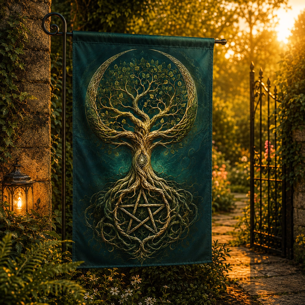 Close-up of Tree of Life house flag showing pentacle and tree artwork