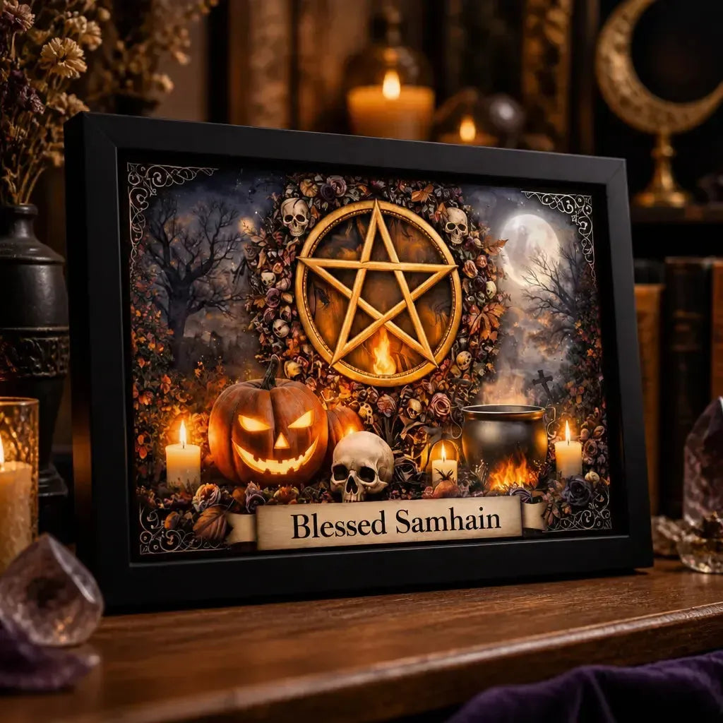 Gothic Witchcraft Pentacle Halloween Home Decor - Wicca Samhain Black Framed Canvas Wall Art_mockup_3.webp