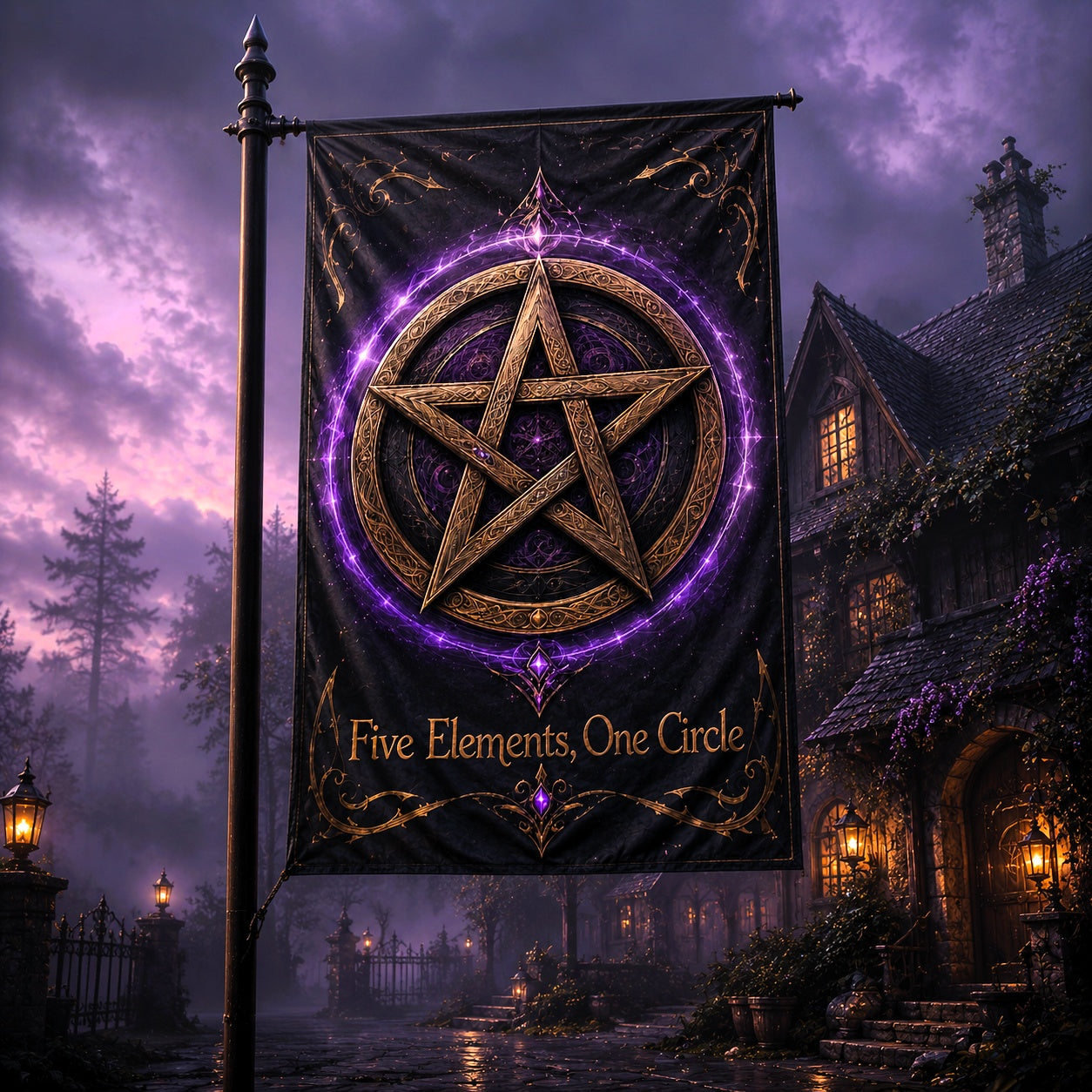 Close-up of Pentacle Grand Ward house flag showing pentacle protection artwork