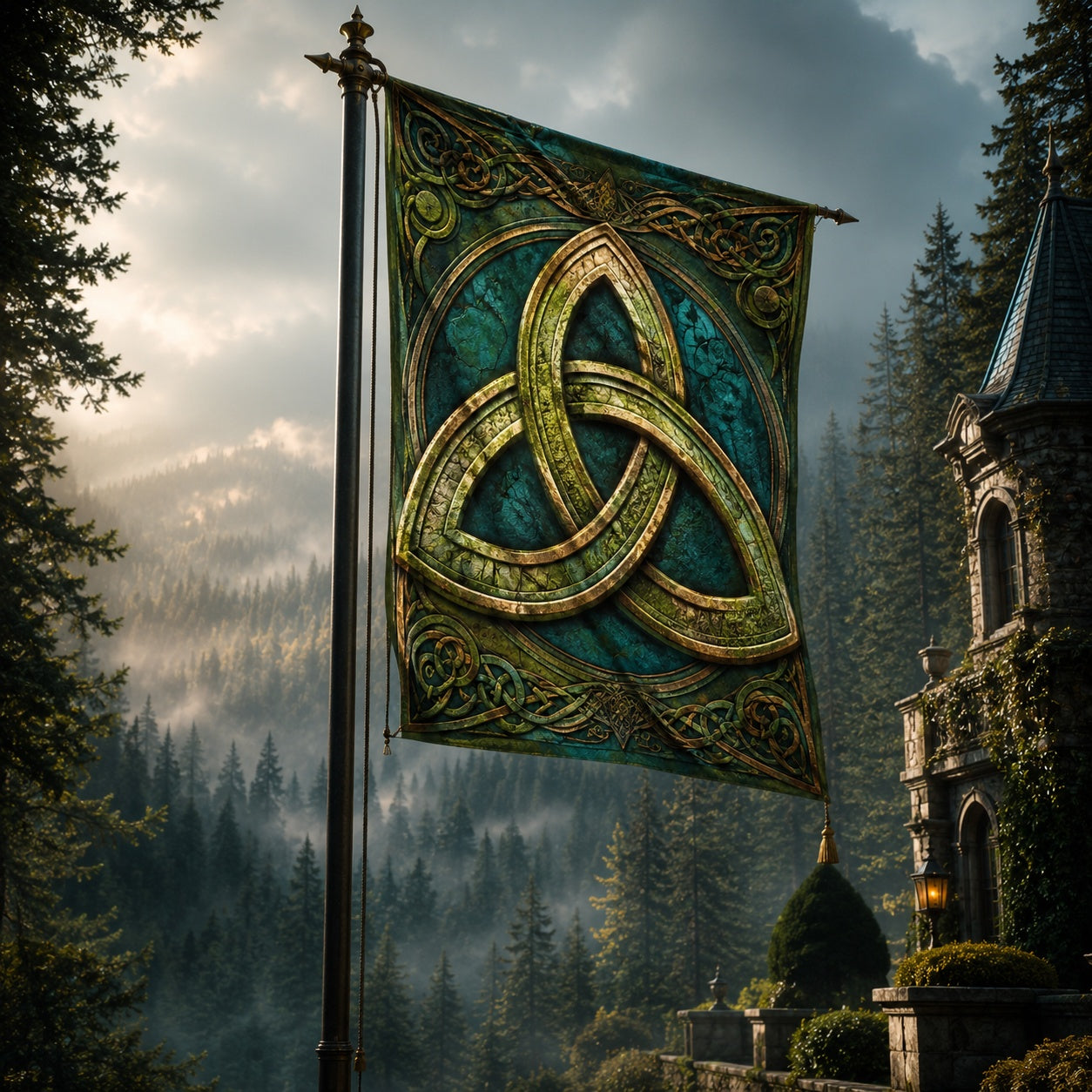 Close-up of Celtic Triquetra Knot house flag showing trinity knot artwork