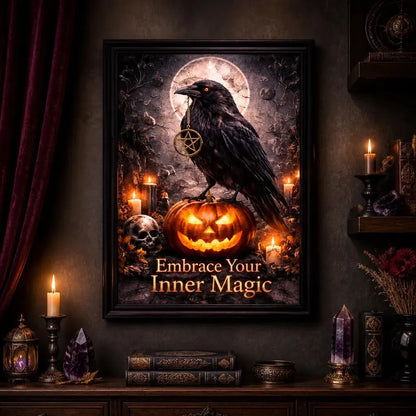 Dark Crow Black Framed Art Print - Halloween Gothic Raven Canvas Wall Art for Witch Home Decor_mockup_2.webp