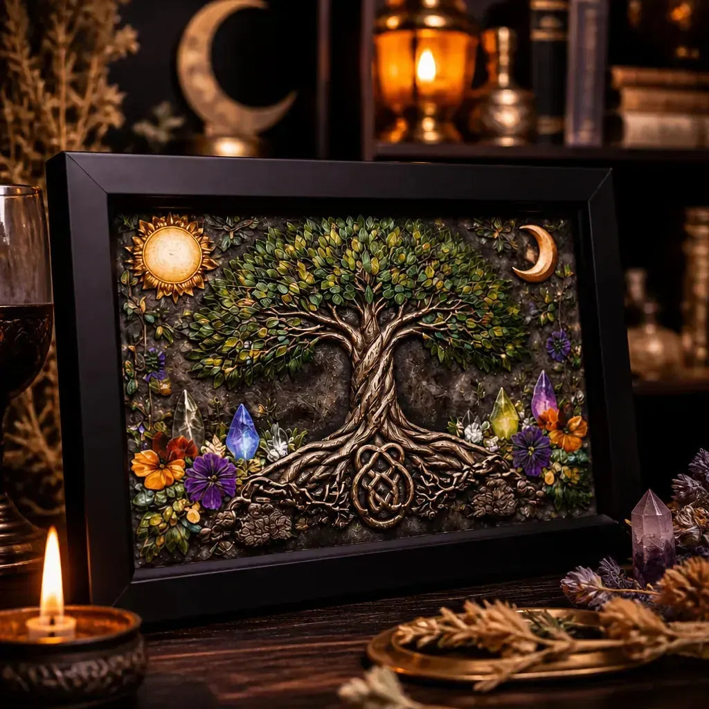 Sun & Moon Tree of Life Pagan Black Framed Art Print - Wiccan Canvas Wall Art for Spiritual Home Decor_mockup_3.webp