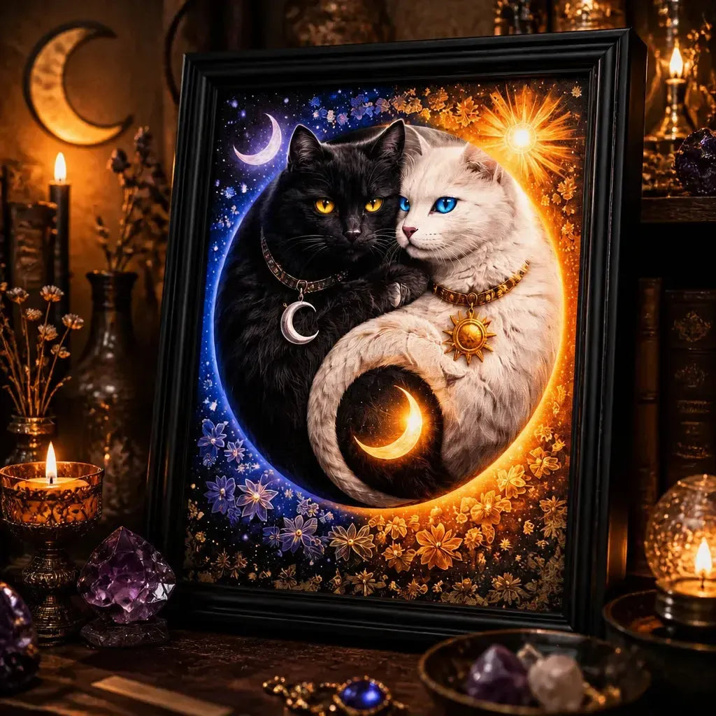 Yin-Yang Cats Canvas Wall Art with Sun & Moon - Pagan Black Framed Art Print Magical Home Decor_mockup_3.webp