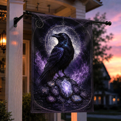 Raven Rune Stones house flag with glowing runes pagan witch design