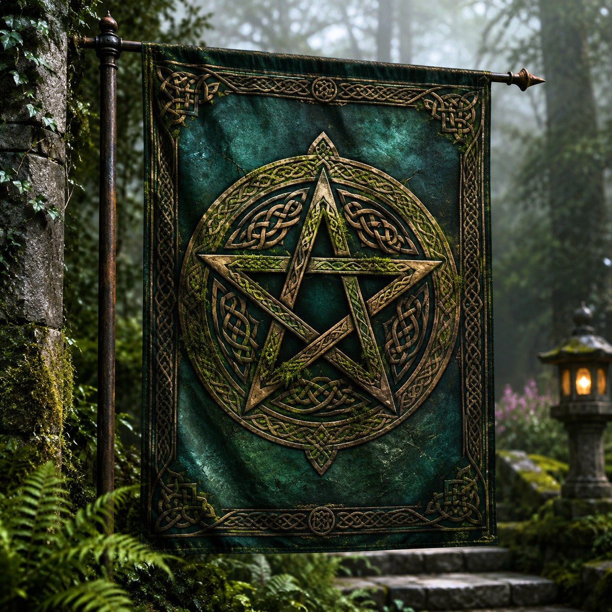 Pagan Celtic Pentacle house flag with carved knot star mossy green design