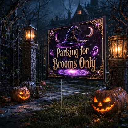 Broom Parking Witch Halloween Yard Sign - close up detail