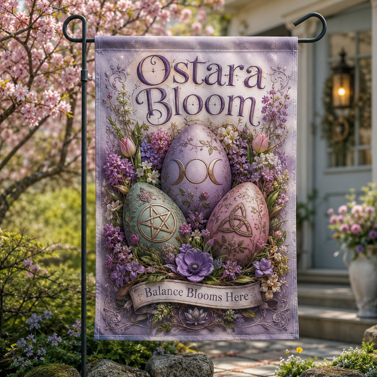 Ostara Bloom house flag with Balance Blooms Here spring eggs design
