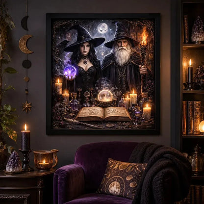 Dark Witch & Wizard Black Framed Art Print - Gothic Canvas Wall Decor for Halloween_mockup_1.webp