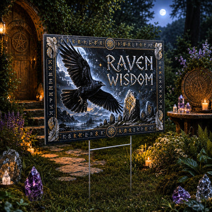 Raven Wisdom Black Raven Moon Wicca Yard Sign - garden display
