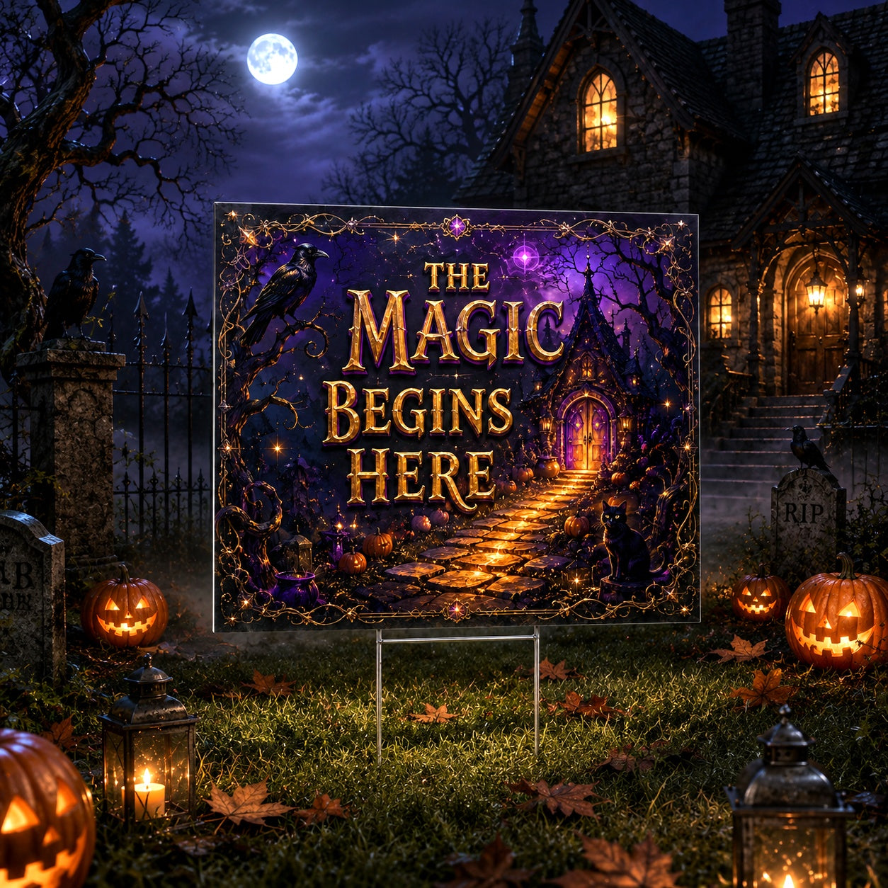The Magic Begins Here Halloween Yard Sign - close up detail