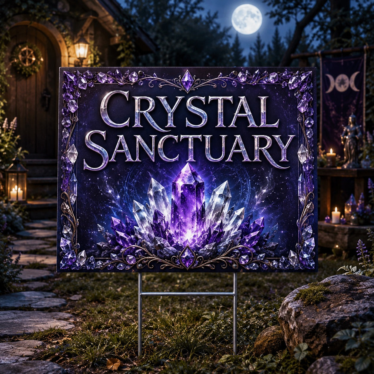Crystal Sanctuary Amethyst Crystal Glow Wicca Yard Sign - front view