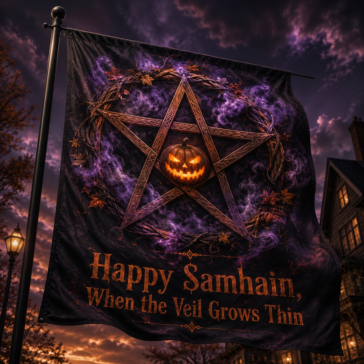 Samhain Veil Pentacle house flag mockup hanging outdoors as Halloween decor