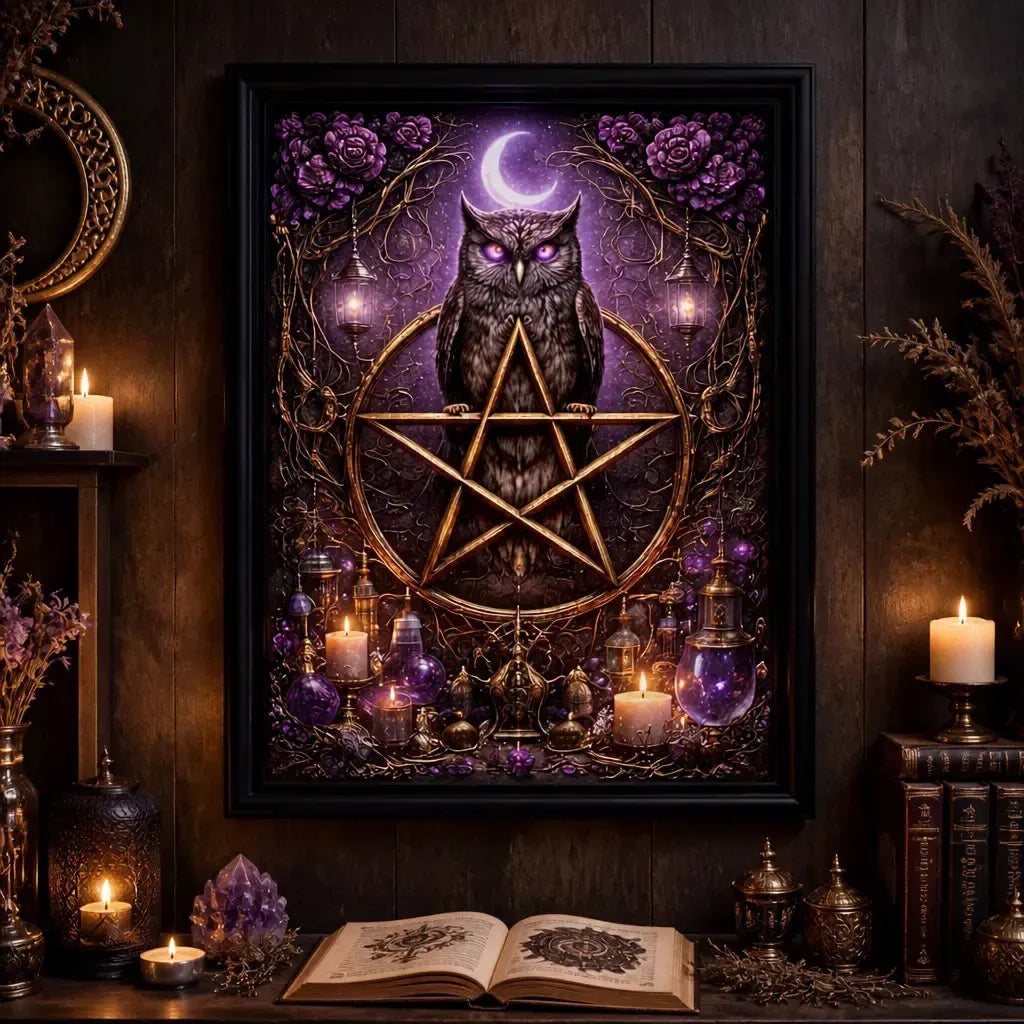 Mystical Owl Gothic Decor with Pentacle - Wiccan Black Framed Art Print Canvas for Witch Home Decor_mockup_2.webp